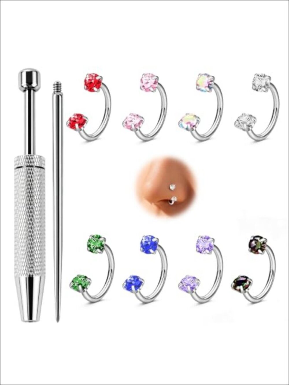 16g Horseshoe Nose Ring Stainless Steel Double Gem Septum Hoop Piercing Jewelry